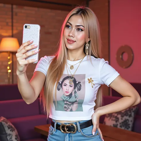 A stylish asian woman taking a mirror selfie indoors. happy vibes beauty smile open mouth showing teeth . She has **smooth light skin, straight blonde hair**, and **glamorous makeup** — rosy cheeks, defined eyebrows, matte nude-pink lips, and sharp eyelin...
