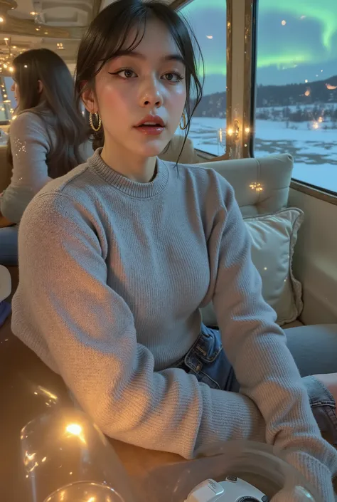 finely detailed image, detail, highres photorealistic illustration of an 18-year-old girl with authentic teenage appearance and genuine expression, photographed in observation car of luxury overnight train during spectacular winter night journey, wearing s...