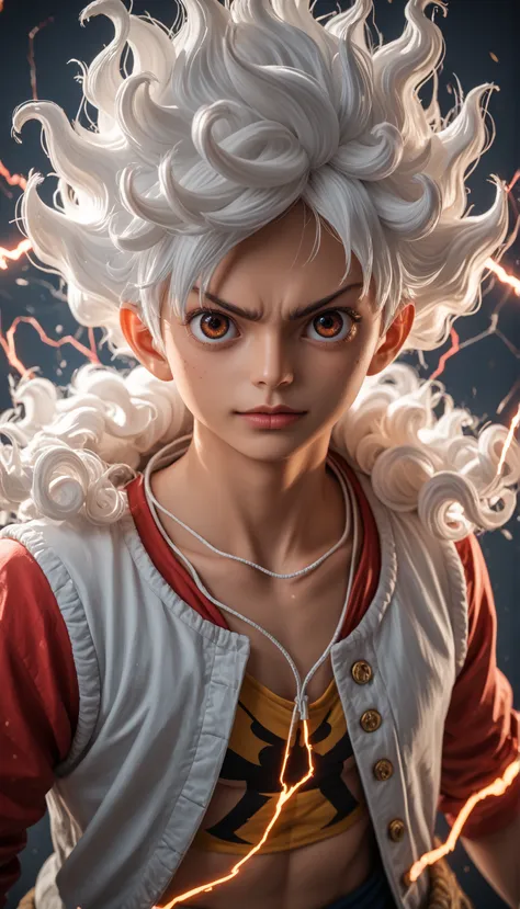 Monkey D. Luffy in Gear 5 form, 3D anime-realistic style, dynamic lightning effects, white flowing hair, intense facial expression, glowing aura, high detail, cinematic background, dramatic lighting, full power effect.