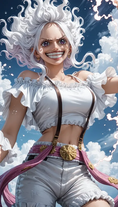 Jewelry Bonney from One Piece, transformed into a Gear Fifth-inspired form: voluminous, cloud-like white hair floating upwards with magical energy, a playful, divine expression, and a wide smile. She wears a tight white crop top and white shorts, with a pu...