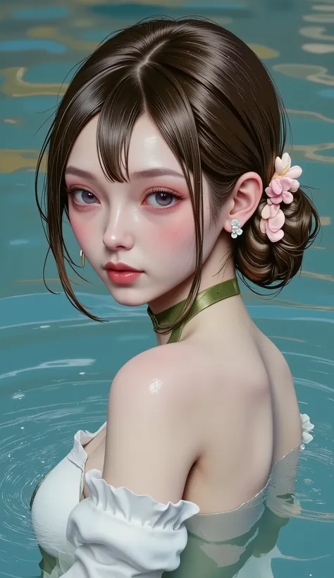 ((( Plan Gran General Camara Lejana  :1.51)  the dark and wet hair of a beautiful young woman Do drops of hair shine through the water? When they are wet they fall down their face, humidity,  the makeup runs through the eyeliner that runs down their cheeks...