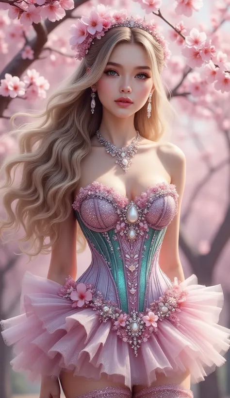 A captivating young woman with fair skin and long, wavy blonde hair stands amidst a dreamy cherry blossom grove. Her hair is adorned with delicate pink cherry blossoms and a sparkling headband. She wears a dazzling, strapless corset that transitions from a...