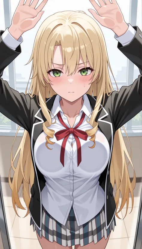 1Girl,soro,masterpiece, and above in Tokyo, Newest,, blush,shyly、 Miura Yumiko,gradation hair, Blonde,very long hair,green eyes, Sobu high school uniform,black jacket,white shirt,skirt,red ribbon,,black knee-high, , breasts_on_glass,breast_press,
example:...