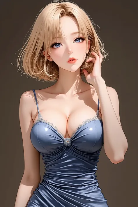 Beautiful girl,perfect face,blue eyes,blonde,beautiful woman,silk dress,Skinny,Slender,(((Curved Dress))),large breasts,well endowed,realistic,thin waist,とてもthin waist、slender,large breasts,skinny woman,(((黒いsilk dressを着た))),short hair,girl,tight silhouett...