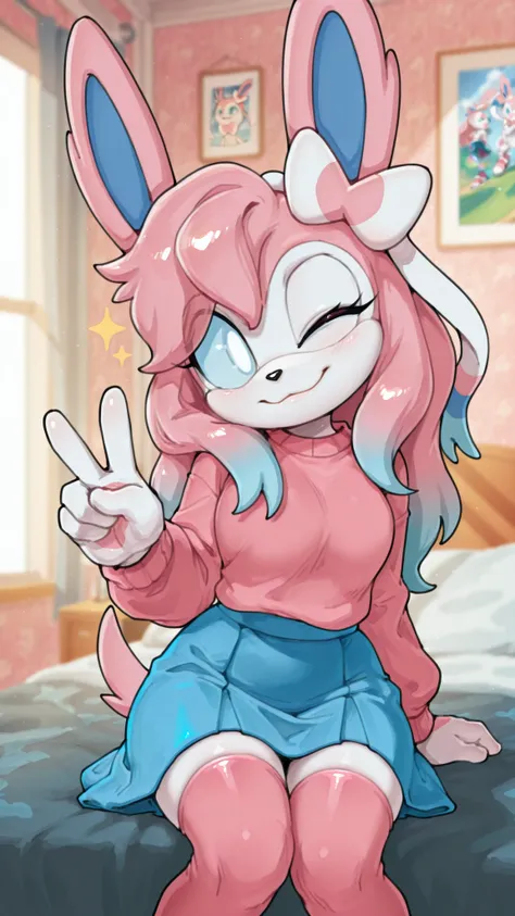 masterpiece, best quality, amazing quality, very aesthetic, high resolution, ultra-detailed, absurdres, newest, scenery, furry, anthro, sonic \(series\), 1girl, female furry, sylveon, white eyes,  cyan sclera, pink hair, cyan hair, (gradient hair), pink sw...