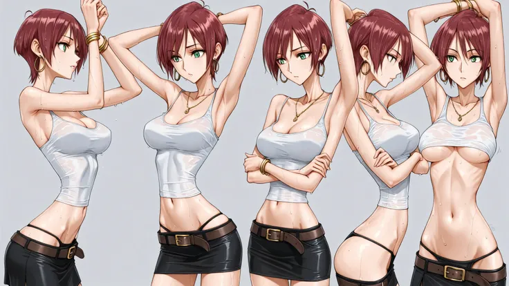 masterpiece, Best Quality,great quality, highest score , doujin style illustration, short hair, 1 girl, dark red hair, bigger breasts, green eyes, midriff, Chest,、 medium breasts, black skirt, white tanktop, wide belt, slender body, skinny, gold necklace...