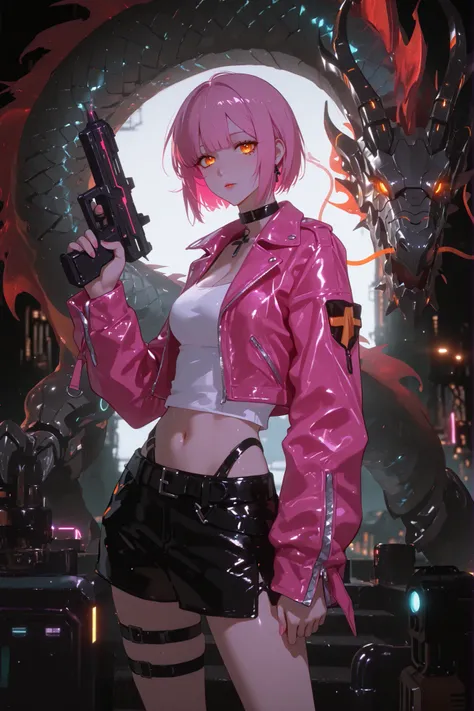 (2D anime style illustration, Illustrious style.ultra detailed, cinematic lighting, 4K)
A cyberpunk dungeon warrior woman with sleek pink bob-cut short hair, deep orange eyes, wearing a pink leather jacket over a white crop sleeveless top revealing cleavag...