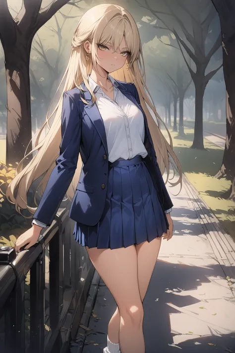 ((masterpiece,top quality:1.2)),(Super-resolution),(1gir),slender,((Female high school student staring at me in the park)),beautiful skin,(((healthy tanned skin))),(((Thin thighs))),(((blonde long hair))),perfect golden eyes, tree eyes ,Serious Expressionl...
