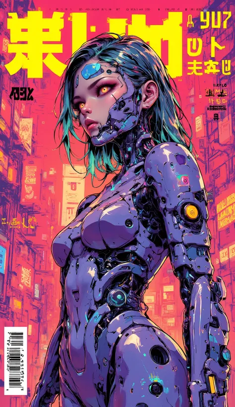 ((magazine cover photograph of (perfect Asian cyberpunk girl))), ((magazine cover)), ((Japanese banner text, Japanese text)), ((dynamic pose)), ((LED lights)), (((extremely weird punk hairstyle))), (barcode), warm colours, ((cinematic lighting)), perfect ...