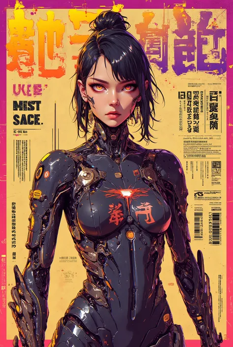 ((magazine cover photograph of (perfect Asian cyberpunk girl))), ((magazine cover)), ((cowboy shot)), ((Japanese banner text, Japanese text)), ((dynamic pose)), ((LED lights)), (((extremely weird punk hairstyle))), (barcode), warm colours, ((cinematic lig...