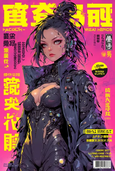 ((magazine cover photograph of (perfect Asian cyberpunk girl))), ((magazine cover)), ((cowboy shot)), ((Japanese banner text, Japanese text)), ((dynamic pose)), ((LED lights)), (((extremely weird punk hairstyle))), (barcode), warm colours, ((cinematic lig...