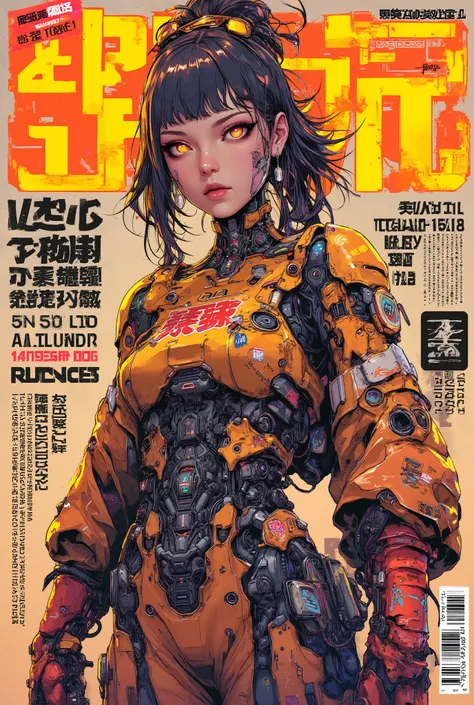 ((magazine cover photograph of (perfect Asian cyberpunk girl))), ((magazine cover)), ((cowboy shot)), ((Japanese banner text, Japanese text)), ((dynamic pose)), ((LED lights)), (((extremely weird punk hairstyle))), (barcode), warm colours, ((cinematic lig...