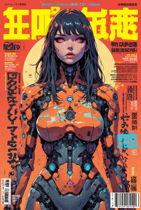 ((magazine cover photograph of (perfect Asian cyberpunk girl))), ((magazine cover)), ((cowboy shot)), ((Japanese banner text, Japanese text)), ((dynamic pose)), ((LED lights)), (((extremely weird punk hairstyle))), (barcode), warm colours, ((cinematic lig...
