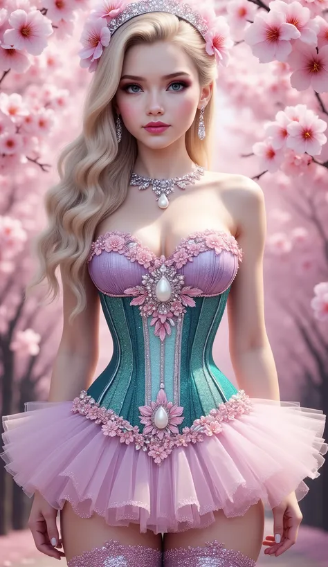 A captivating young woman with fair skin and long, wavy blonde hair stands amidst a dreamy cherry blossom grove. Her hair is adorned with delicate pink cherry blossoms and a sparkling headband. She wears a dazzling, strapless corset that transitions from a...