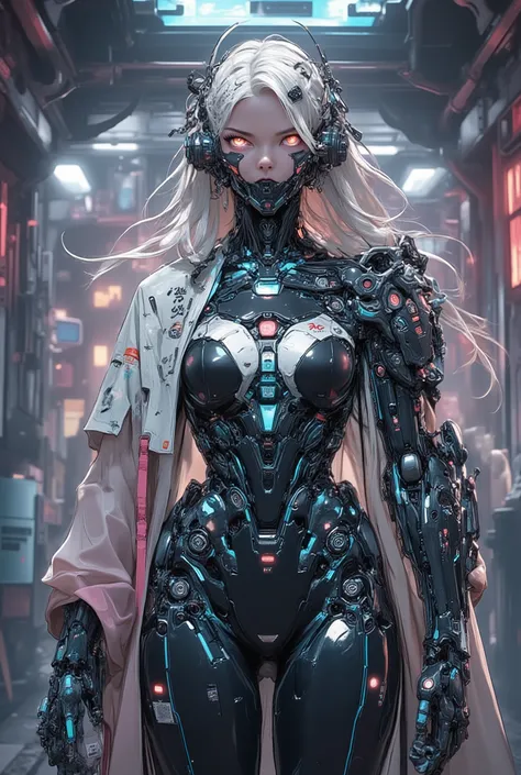 ((colourful photograph) of (perfect Asian cyberpunk girl))), (((wearing incredibly detailed ornate cyberpunk samurai armour))), ((LED lights)), (shapeless long hair), perfect features, ((cowboy shot, dynamic pose)), (((starship interior))), (((Jim Burns a...