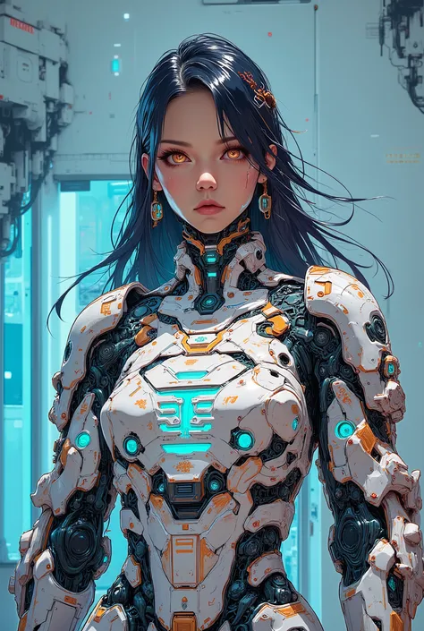 ((colourful photograph) of (perfect Asian cyberpunk girl))), (((wearing incredibly detailed ornate cyberpunk samurai armour))), ((LED lights)), (shapeless long hair), perfect features, ((cowboy shot, dynamic pose)), (((starship interior))), (((Jim Burns a...