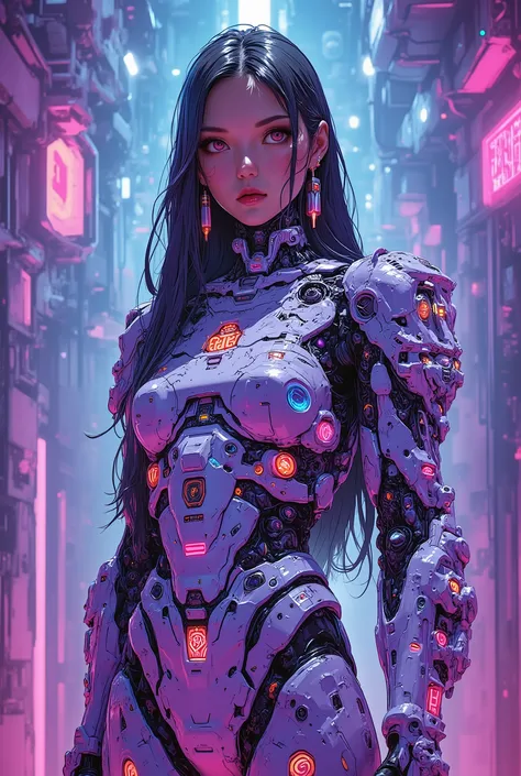 ((colourful photograph) of (perfect Asian cyberpunk girl))), (((wearing incredibly detailed ornate cyberpunk armour))), ((LED lights)), (shapeless long hair), perfect features, ((cowboy shot, dynamic pose)), (((starship interior))), abstract beauty, near ...