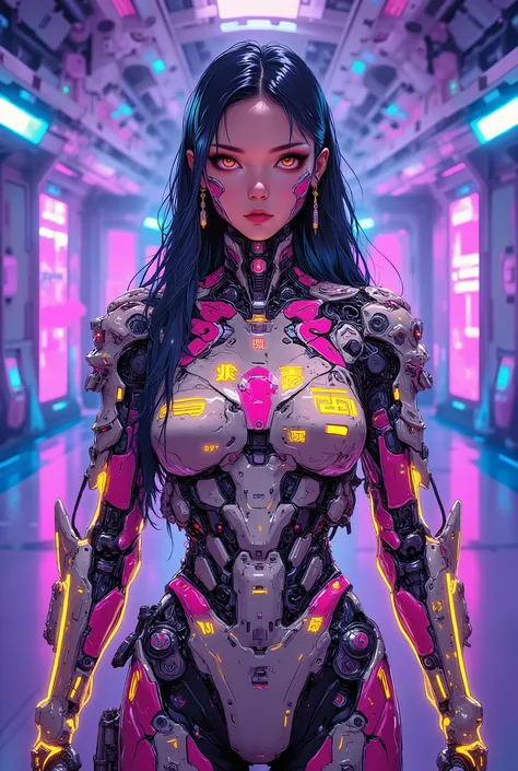 ((colourful photograph) of (perfect Asian cyberpunk girl))), (((wearing incredibly detailed ornate cyberpunk armour))), ((LED lights)), (shapeless long hair), perfect features, ((cowboy shot, dynamic pose)), (((starship interior))), abstract beauty, near ...
