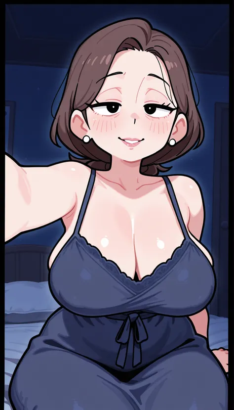 Mature mother,Adult woman, older woman,Mature woman,Brown hair,Black eyes,Big breasts,Slim waist,Big thighs,In the room,POV selfie,Up close,Navy blue nightgown ,At night,in the night,Sitting on the bed