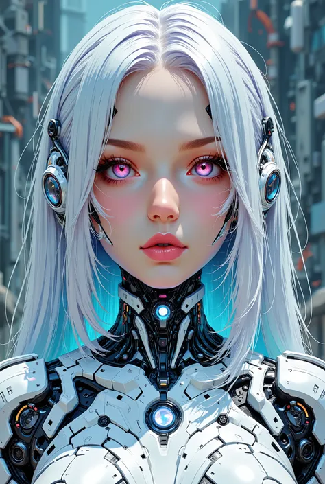 stunning photorealistic portrait photograph of 1 beautiful cyberpunk girl, albino, white shapeless cyberpunk hair, white eyebrows, ((baroque intricate cyber armor)), solo, hyperdetailed painting, luminism, Bar lighting, complex, 4k resolution concept art p...