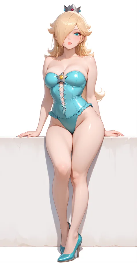 Rosalina, crown, blonde hair, completely white background, with perfect legs,full body, looking at viewer,long legs,Outdoor seaside,High heel，showing her beautiful legs, (((only blue corset))), (((hot legs))), (((without extra clothes, only blue corset)))
