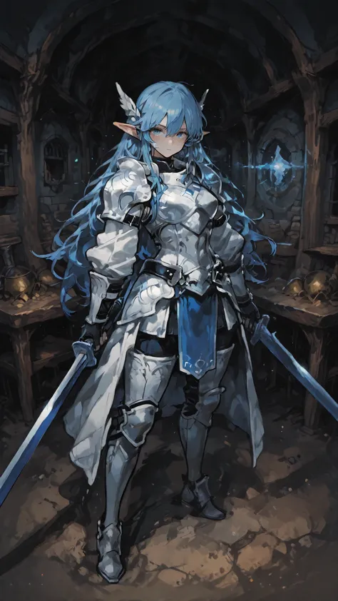 high image quality　(((Isekai Dungeon　The interior seems to be humid)))　Boss-style demons standing in front of treasure　A female adventurer holding a large sword　beautiful blue hair、blue eyes、fight demons equipped with highly defensive white armor　Perspecti...