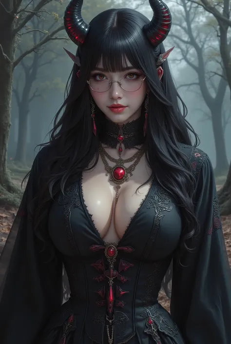 (highest quality,4K,8k,High resolution,masterpiece:1.2),Super detailed,(Realistic,photoRealistic,photo-Realistic:1.37),  ((((glasses,Evil Ruby's Cursed Necklace, Big Breasts,braids)))), Close-up of a woman with dark hair and a black dress, Ugly Satan Girl,...