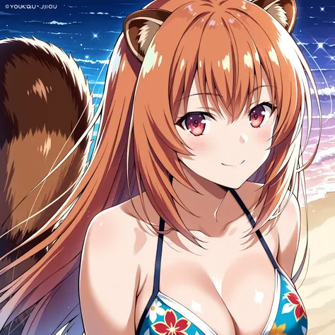 Honami Ichinose, by Youkoso Jitsuryoku Shijou Shugi no Kyoushitsu e,  with long brown-orange hair, Red Eyes. round raccoon ears and fluffy tail, slender figure and big breasts. She has a cheerful smile and blushes. She wears a magenta bikini with floral de...