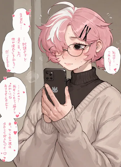 score_9_up, score_8_up, score_7_up, high quality, shaded, masterpiece, light blush, 1boy, adult man, mature man, femboy, black eyes, pink hair, white hair, white highlights, hair flaps, freckles, short hair, ahoge, HOLDING, , solo, hairclip, glasses, heart...