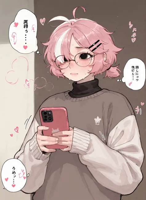 score_9_up, score_8_up, score_7_up, high quality, shaded, masterpiece, light blush, 1boy, adult man, mature man, femboy, black eyes, pink hair, white hair, white highlights, hair flaps, freckles, short hair, ahoge, HOLDING, , solo, hairclip, glasses, heart...