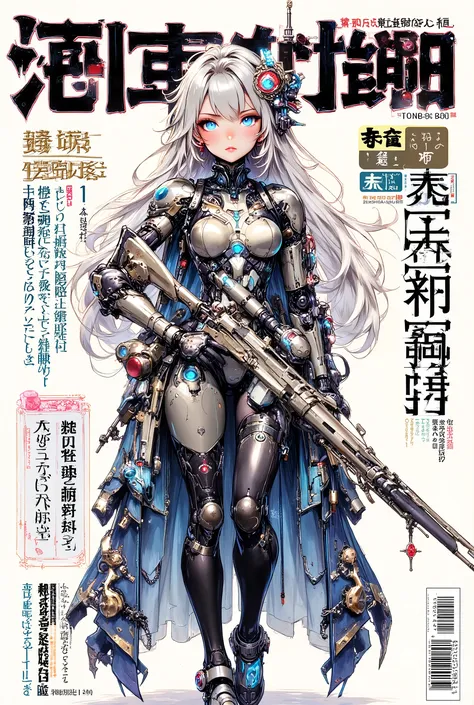 (anime art style (((magazine cover))) illustration) of (cute Asian cyborg girl wearing an extremely intricate cybernetic plug suit and holding a rifle))、((Japanese text)), (Machine Body), ((LED lights))