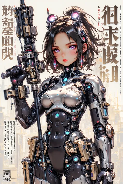 (anime art style (((magazine cover))) illustration) of (cute Asian cyborg girl wearing an extremely intricate cybernetic plug suit and holding a rifle))、((Japanese text)), (Machine Body), ((LED lights))