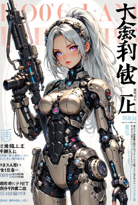 (anime art style (((magazine cover))) illustration) of (cute Asian cyborg girl wearing an extremely intricate cybernetic plug suit and holding a rifle))、((Japanese text)), (Machine Body), ((LED lights))