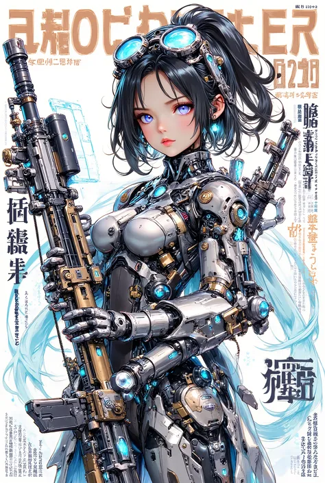 (anime art style (((magazine cover))) illustration) of (cute Asian cyborg girl wearing an extremely intricate cybernetic plug suit and holding a rifle))、((Japanese text)), (Machine Body), ((LED lights))