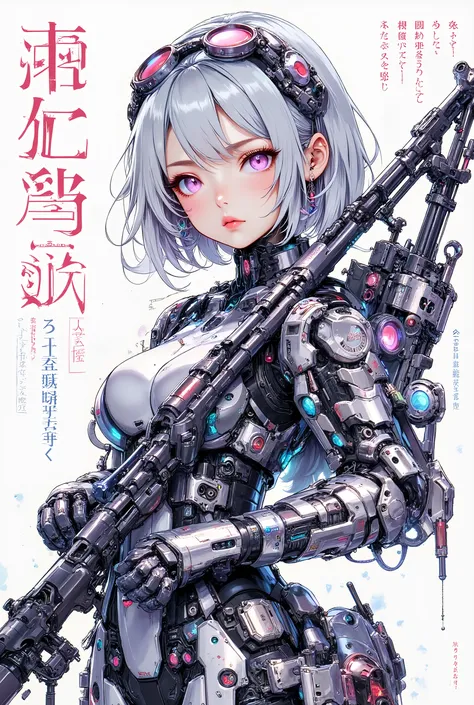 (anime art style (((magazine cover))) illustration) of (cute Asian cyborg girl wearing an extremely intricate cybernetic plug suit and holding a rifle))、((Japanese text)), (Machine Body), ((LED lights))