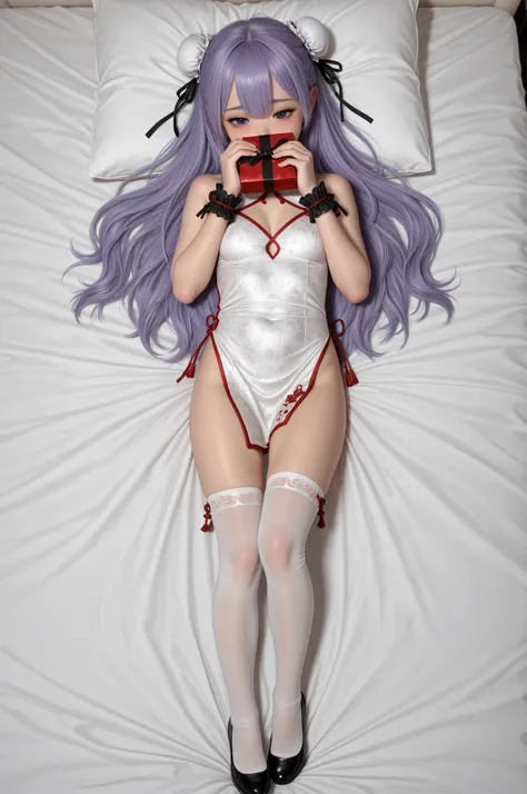 (masterpiece, best quality), (1girl:1.3), bangs,bun cover,china dress,Chinese clothes,dress,hair bun,lon hair,purple eyes,purple hair,ribbon,Unicorn_cn,white dress,short sleevs,wrist cuffs,ahoge,(white thighhighs:1.2),very long hair, light purple hair,blac...