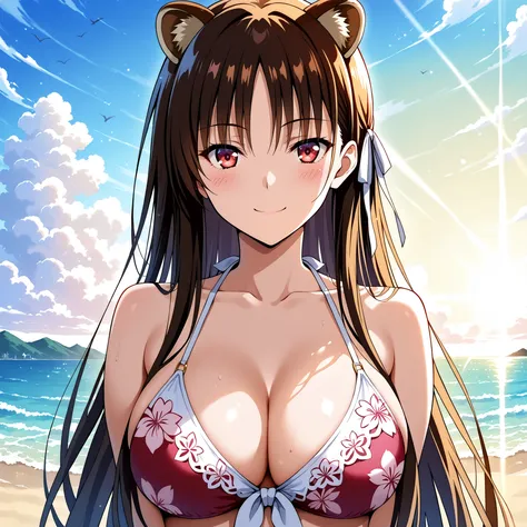 Horikita Suzune  ,by Youkoso Jitsuryoku Shijou Shugi no Kyoushitsu e, with long brown-orange hair, Red Eyes. round raccoon ears , slender figure and big breasts. She has a cheerful smile and blushes. She wears a magenta bikini with floral details. She happ...