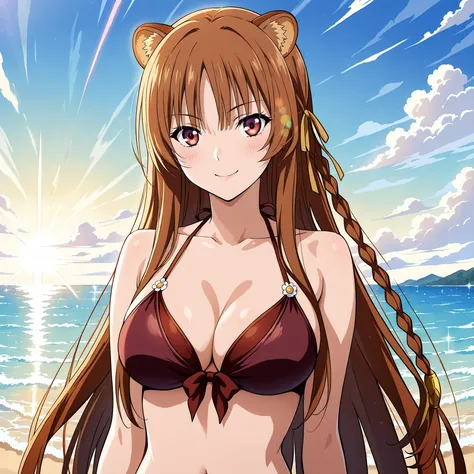 raphtalia, with long brown-orange hair, Red Eyes. round raccoon ears , slender figure and big breasts. She has a cheerful smile and blushes. She wears a magenta bikini with floral details. She happily walks along a paradise beach. Ultra-detailed anime-styl...