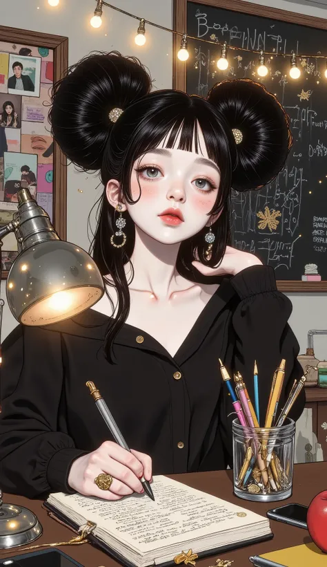 ((( Plan General :1.51)  a general plan of a young woman clothes modern and fun ,  with loose black hair and cyan reflections  ,  has part of her hair tied up in a slightly disheveled and fluffy bun  ,  earrings with rings  ,  red makeup and full lips  ,  ...