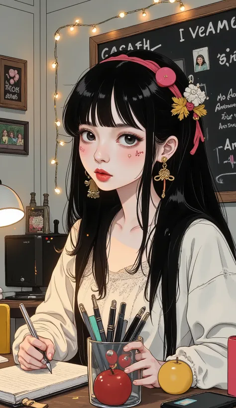 ((( Plan General :1.51)  a general plan of a young woman clothes modern and fun ,  with loose black hair and cyan reflections  ,  has part of her hair tied up in a slightly disheveled and fluffy bun  ,  earrings with rings  ,  red makeup and full lips  ,  ...