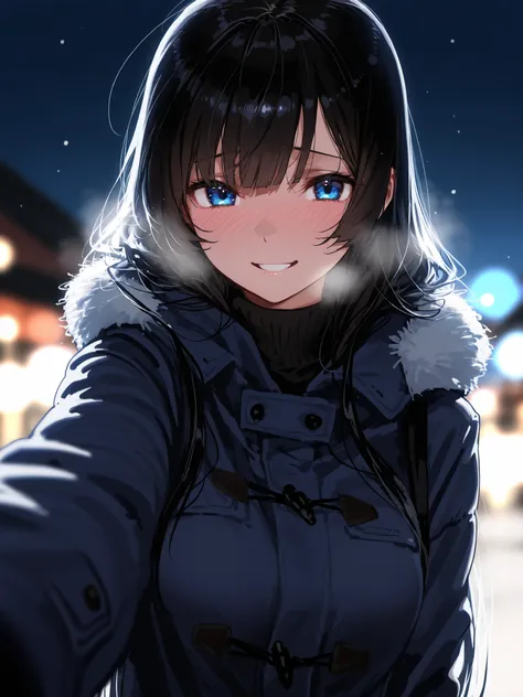  high resolution image , masterpiece, top quality, great quality, absurdres,ultra detailed,8K,volumetric lighting, depth of field, 1girl, long hair, straight bangs, black hair, blue eyes, medium breasts, winter clothes, smiling, looking at viewer, shy 