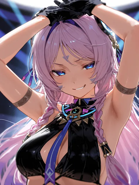  high resolution image , masterpiece, top quality, great quality, absurdres,ultra detailed,8K,volumetric lighting, depth of field, 1girl, Citlali, arms up, black bikinis, black gloves, smirk