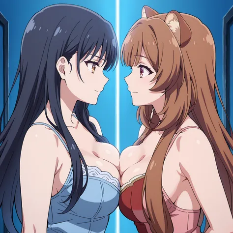 |two women 1st Horikita Suzune and 2nd Raphtalia. Raphtalia has amber eyes, rounded ears and a new hairstyle: cabello largo, central fringe and a side braid. Both have a curvy figure and large breasts. Bare breasts in contact.Meet in the center of a blue r...