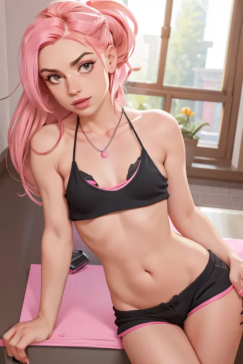pink bra under tank top, pink bra, black tank top,score_9, score_8_up, score_7_up, 1 girl, (flat chest:1.2), wearing very small black pajama shorts and a skimpy cropped top, leaning against a kitchen counter, ponytail, necklaces,  looking straight at viewe...