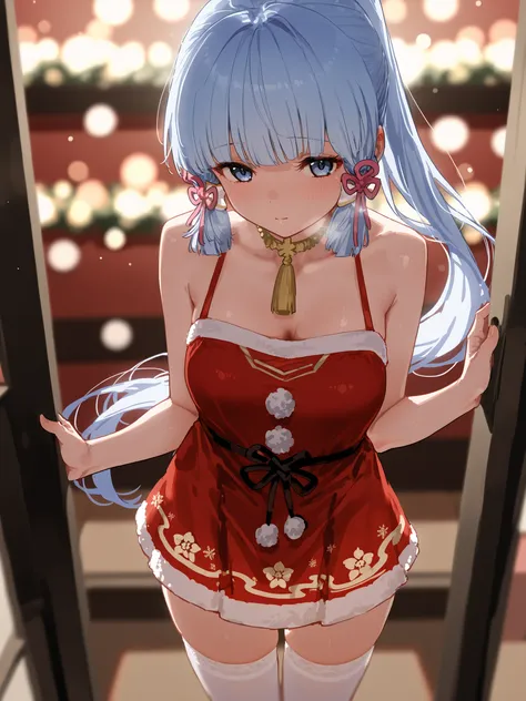  high resolution image , masterpiece, top quality, great quality, absurdres,ultra detailed,8K,volumetric lighting, depth of field, Ayaka Kamisato, tiny red Christmas dress, white stockings