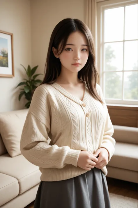 Ultra-realistic portrait of a young Japanese woman in her early twenties, her breasts are pretty small, 
with very long ash beige hair that glows in the morning sunlight and soft brown upturned eyes filled with warmth and calmness. 
She has a small gracefu...