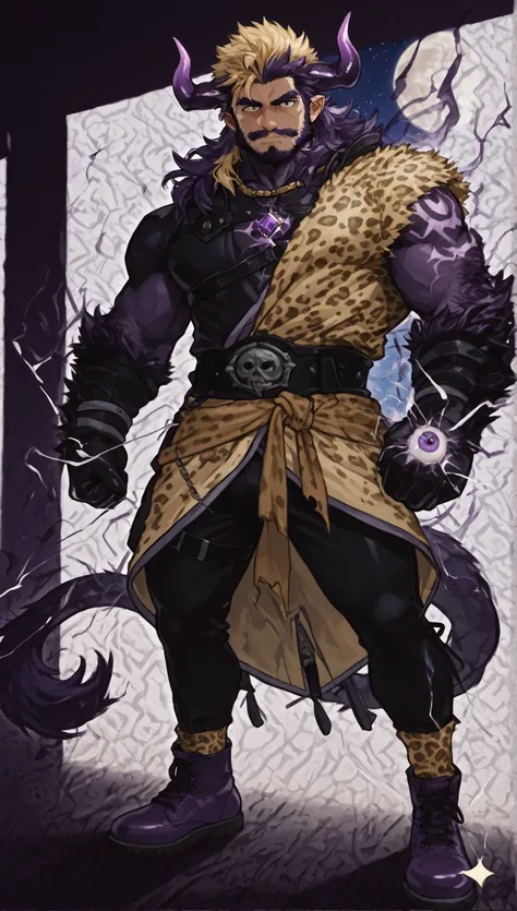 musculoskeletal protuberance々whose tip is charged in purple。digital art style、High Quality。
hairstyle： , spiky purple hair on both sides,、, a bright blonde hair in the center line of his bangs,（blonde）hair with a blue-greenish light blue。, two horns,。
faci...