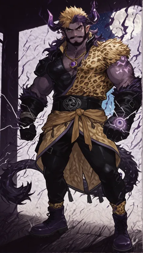 musculoskeletal protuberance々whose tip is charged in purple。digital art style、High Quality。
hairstyle： , spiky purple hair on both sides,、, a bright blonde hair in the center line of his bangs,（blonde）hair with a blue-greenish light blue。, two horns,。
faci...