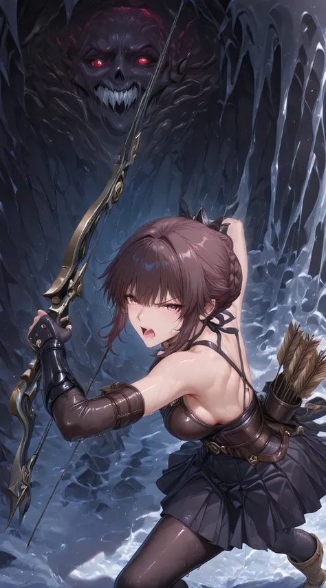 1girl, 

((dark brown hair styled into a low chignon bun at the nape of the neck, loosely twisted with soft volume, secured with a black ribbon tie, gentle center part with curtain bangs, face-framing tendrils on both sides, smooth and polished texture wit...