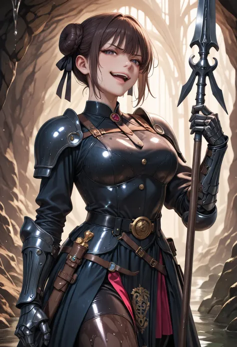 a girl, 

((dark brown hair styled into a low chignon bun at the nape of the neck, loosely twisted with soft volume, secured with a black ribbon tie, gentle center part with curtain bangs, face-framing tendrils on both sides, smooth and polished texture wi...